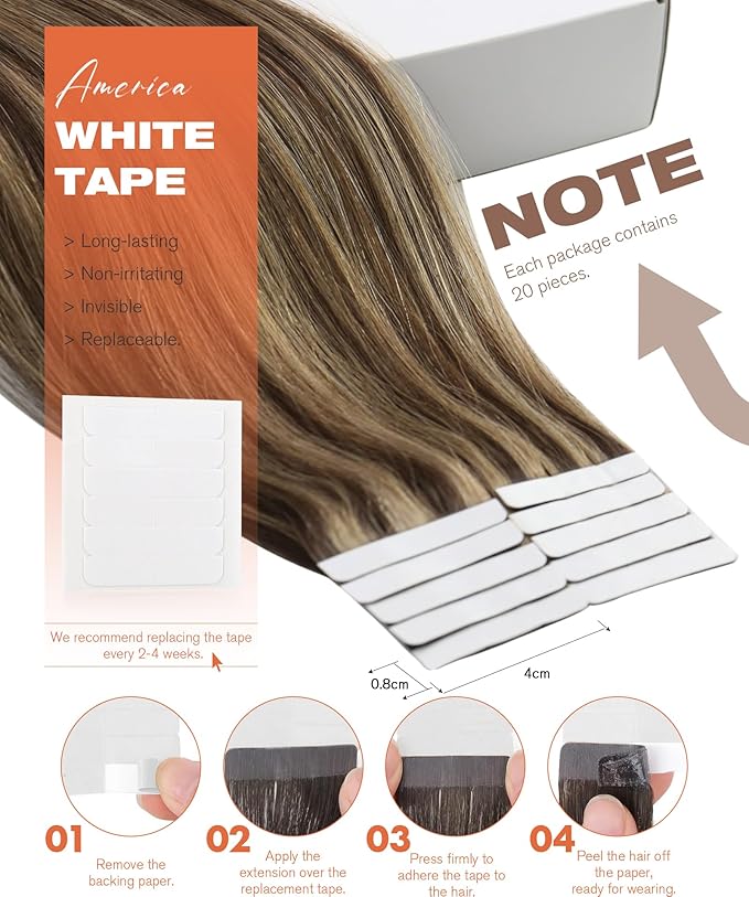 Sunny Hair Tape in Hair Extensions Real Human Hair Invisible Remy Hair Extensions Tape ins for Women Dark Brown Highlight Caramel Blonde 18 inch 20Pcs 50G