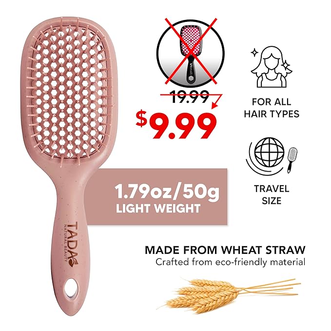 TADA Natural Beauty Hair Brush Detangler for Curly, Thick, Wavy, and Thin Hair - Ventilation Holes for Quick Drying and Styling, Detangler Brush for Women, Men, Kids (4 Colors) (Mauve)