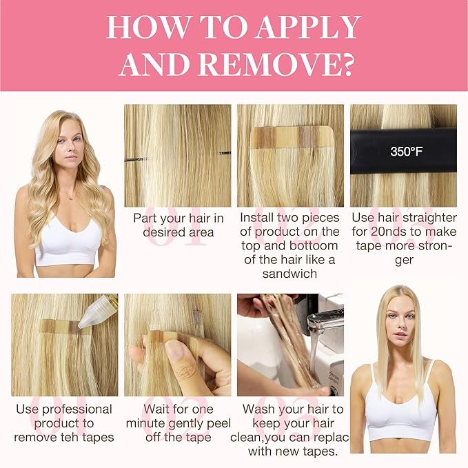 GOO GOO Tape in Hair Extensions Human Hair, 16/22 Light Blonde Highlighted Golden Blonde, 16inch 50g 20pcs, Thick Ends Straight Seamless Tape in, Invisible Tape in Hair Extensions Human Hair