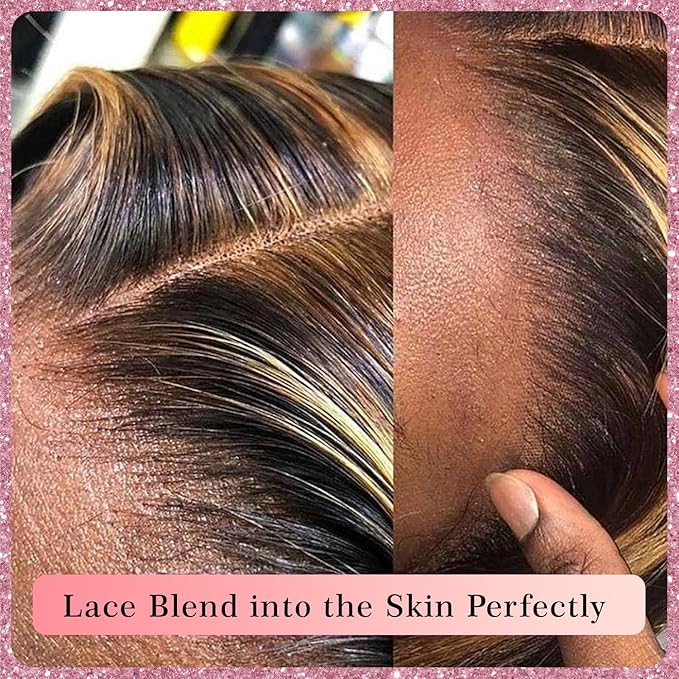 34 Inch Highlight Ombre Lace Front Wig 13x4 Full Frontal Lace Wig Skinlike HD Lace Wig Body Wave lace front Wigs for Women 15A Pre Plucked with Baby Hair 4/27 honey blonde 200% Density