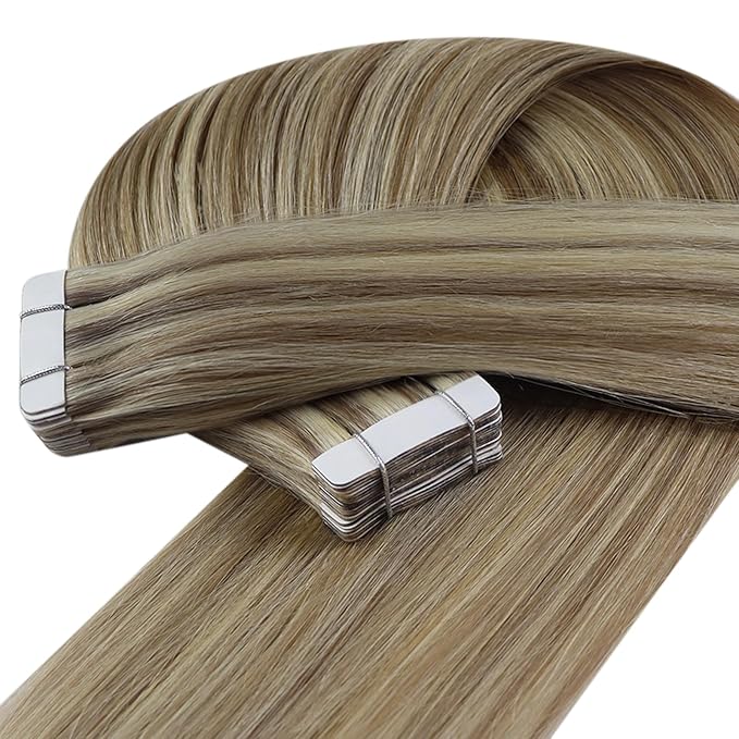 YoungSee Tape in Hair Extensions Human Hair Brown to Blonde Human Hair Extensions Tape ins Highlight Light Brown with Blonde Seamless Tape-in Extension Real Hair for Women Short Hair 12 Inch 20pcs 30g