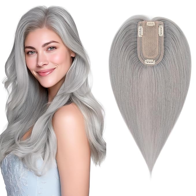 SEGO Hair Topper for Women, No Bangs Real Human Hair Topper with Anti-Slip Clips (16 Inches #Grey)