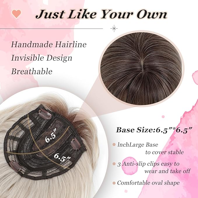 Hair Topper, 360° 3D Hair Toppers for Women with Thinning Crown, 20 Inch Long Wavy Curly Hair Pieces Clip in Bangs (Ash Blonde Mix Highlights with Brown Root, 20 inch, French Bangs)