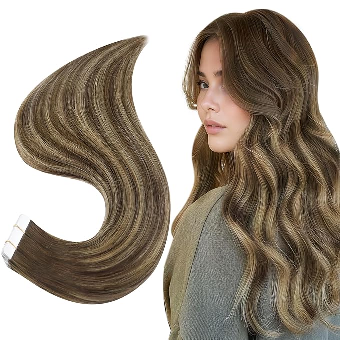 Full Shine Human Hair Tape in Extensions 16inch Brown Balayage Hair Extensions Tape in Brown to Blonde Ombre Highlights Human Extensions Glam Seamless 20Pcs 50Grams