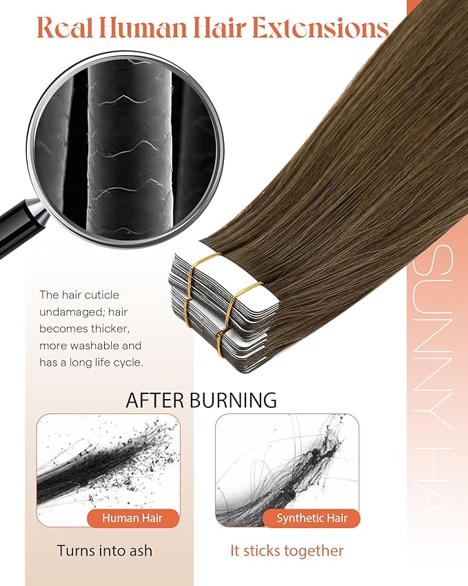 Sunny Hair Human Hair Tape in Extensions, Cool Brown Tape in Hair Extensions Human Hair 14 inch Straight Remy Tape in Human Hair Extensions 20Pcs 50g
