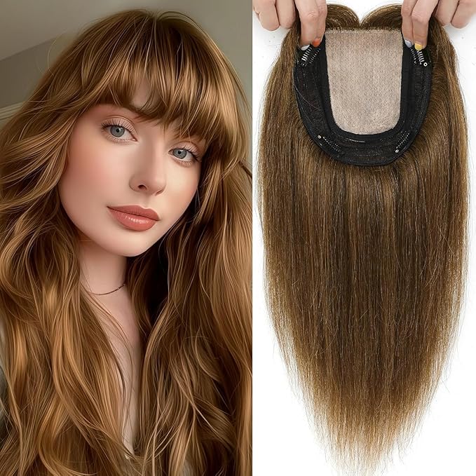 Hair Toppers for Women Real Human Hair, 360° 3D Toppers Pieces for Women with Thinning Crown Wispy Bangs 16 Inch Upgrade Big Basement (Light Brown, 16 Inch Wispy Bangs)