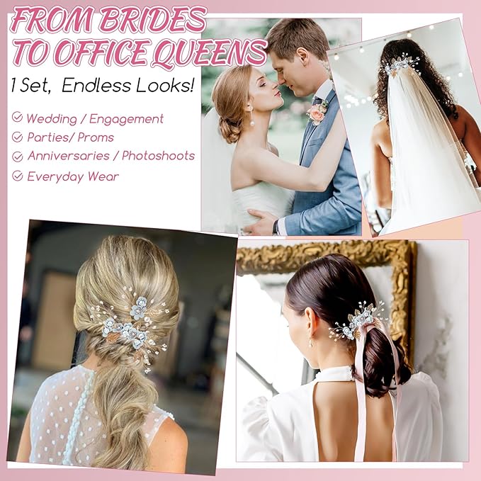 Wedding Flower Hair Accessories for Women: 4pcs Leaf and Flower Hair Combs for Women Accessories - Crystal Pearl Wedding Flower Clips Headpiece for Brides Bridesmaids Girls Updo (Blue)