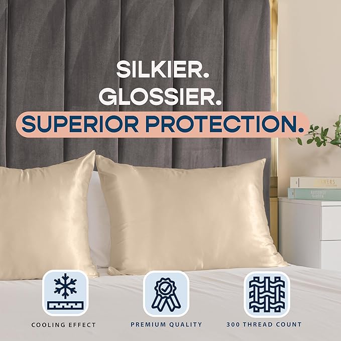 BLISSFORD Satin Pillowcase with Zipper, for Hair and Skin Care, Feels Soft and Cool Like a Silk Pillowcase, Satin Pillow Cases 2 Pack, Slik Pillow Cover, Light Beige - Queen Size, Set of 2