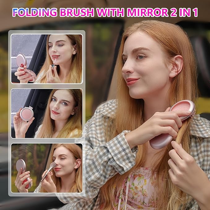 LCD Screen Cordless Hair Straightener Curler 2 in 1, Portable Mini Hair Straightening Brush for Travel Negative Ionic Fast Heating Hot Comb for Women, Folding Brush with Mirror, Blue
