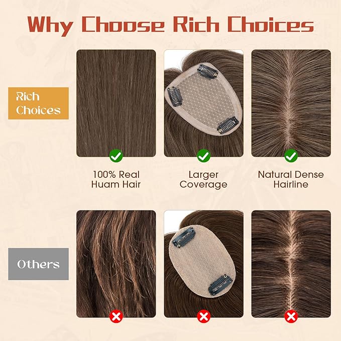 Rich Choices Human Hair Toppers for Women-100% Real Remy Hair Topper No Bang-Upgraded 150% Density 9 * 12CM Lace Base-Clip in Hairs Topper for Thinning Hairs-12Inch #2 Dark Brown