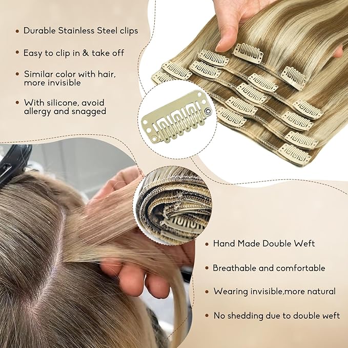 Clip in Hair Extensions Real Human Hair 22Inch 8pcs 110g Seamless Balayage Blonde Hair Extensions Clip Ins Double Weft Light Blonde Highlight Golden Blonde Invisible Straight Remy Human Hair for Women