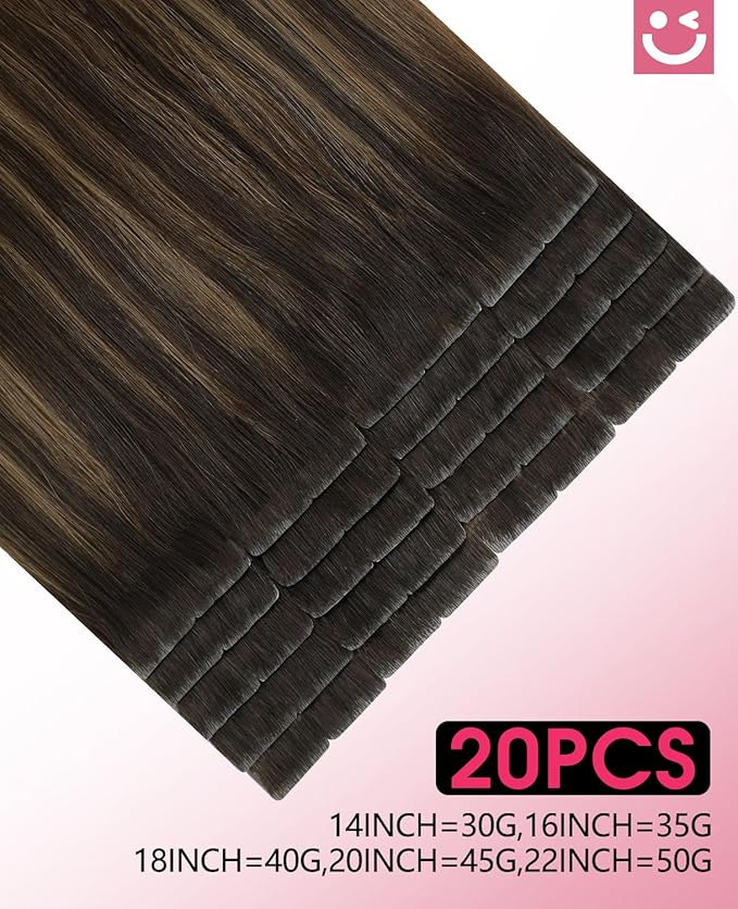 Youngsmile Invisible Tape in Hair Extensions Human Hair #2/6/18 Dark Brown to Dirty Blonde Injection Tape in Hair Extension 20pcs 35g 16 Inch (#2/6/18,16'')