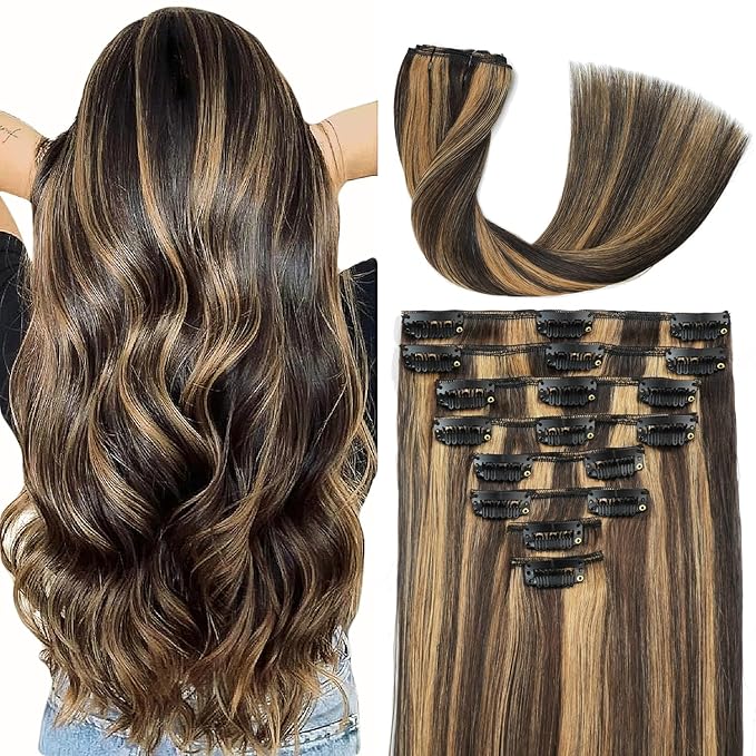 Clip in Hair Extensions Real Human Hair 18inch 8pcs 100g Seamless Balayage Dark Brown Hair Extensions Clip Ins Double Weft Dark Brown Highlight Chestnut Brown Invisible Straight Remy Human Hair