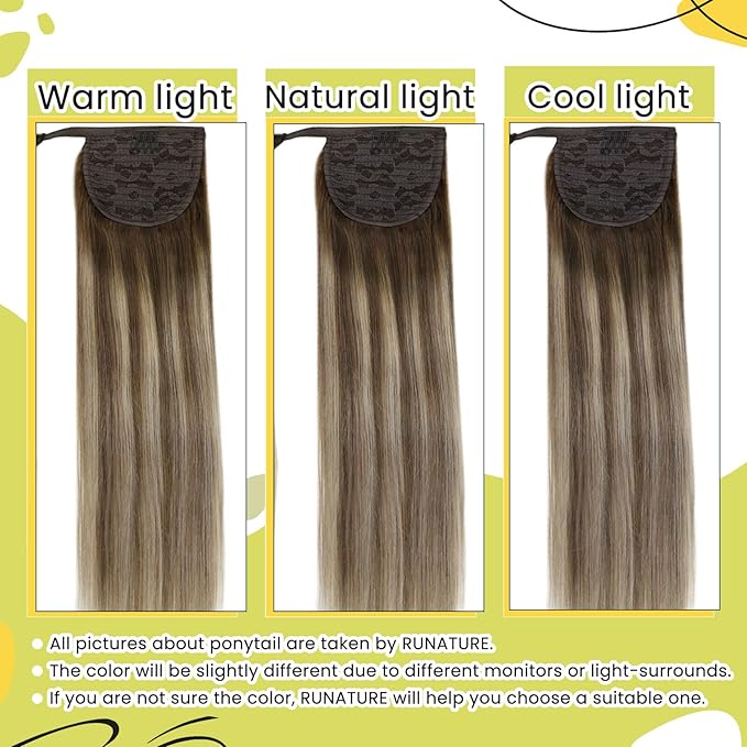 RUNATURE Real Human Hair Ponytail Extension, Balayage Ponytail Extension Real Human Hair with Magic Paste, Wrap Around Hair Ponytail for Women, 20 Inch 80g #3/8/22