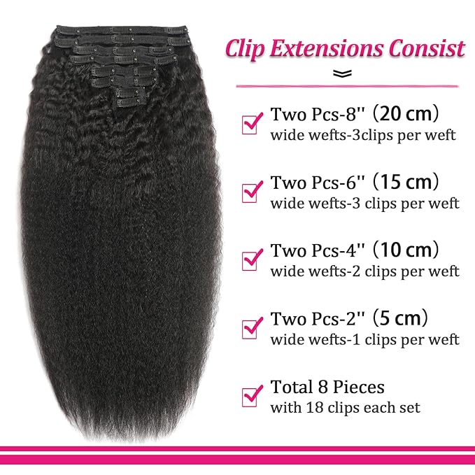 Kinky Straight Clip in Human Hair Extensions for Black Women 8Pcs 120g Seamless Kinky Straight Clip Ins 18Clips Double Weft Human Hair Full Head Hair Extensions (1B 22 Inch)