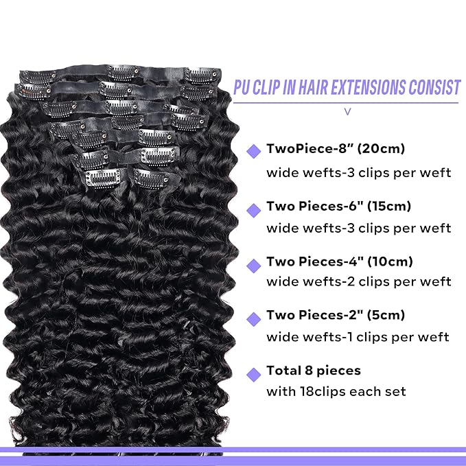 Seamless Clip in Hair Extensions Human Hair Deep Wave Clip ins for Black Women 8Pcs Brazilian Virgin Human Hair Clip in Extensions PU Skin Weft 18Clips 120g 16inch Natural Black