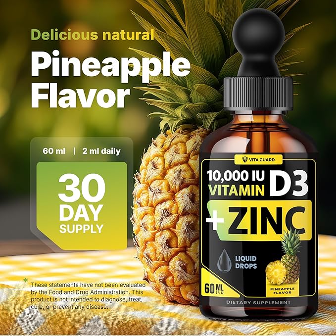 Vitamin D3 Drops with Zinc – 10,000 IU D3 & 15 mg Zinc Liquid Supplement – Immune Support for Men & Women – Sugar-Free Pineapple Flavor – 30-Day Supply