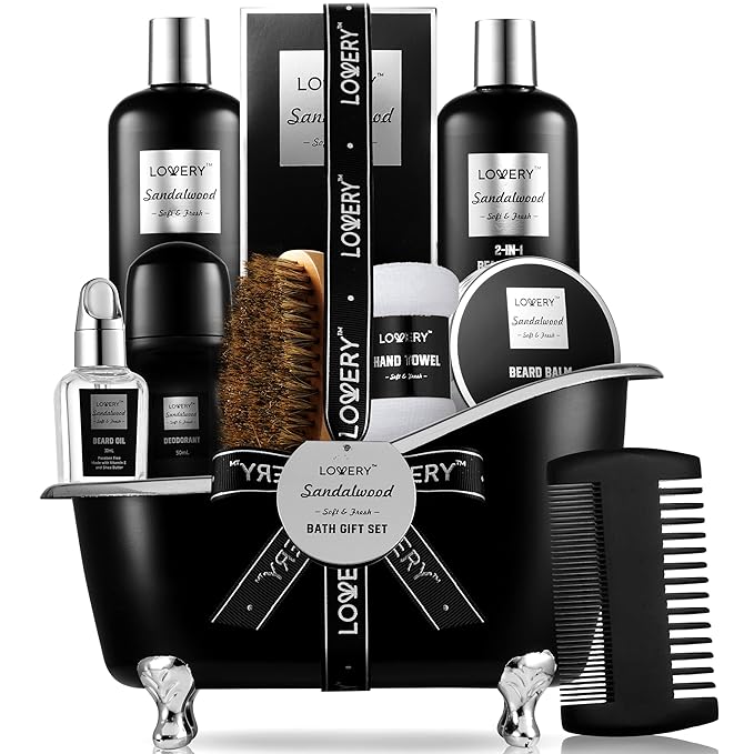 Christmas Gifts for Men, Mens Body And Wash Gift Set Beard Kit and Body Care, Unique Gifts for Dad Sandalwood Spa Gift Baskets, Bath and Beard Grooming Kit, Gifts for Husband Him Beard Balm Growth Oil