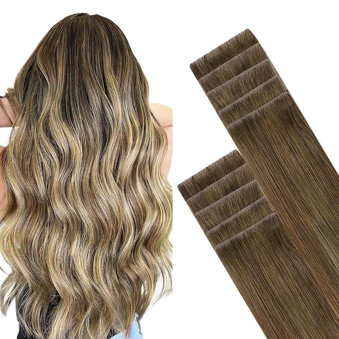 GOO GOO Invisi Edge Tape in Hair Extensions Human Hair, 3/8/613 Balayage Walnut Brown to Ash Brown and Bleach Blonde, 10pcs 18inch 25g, Virgin Remy Hair, Seamless Injected Tape, Natural Look
