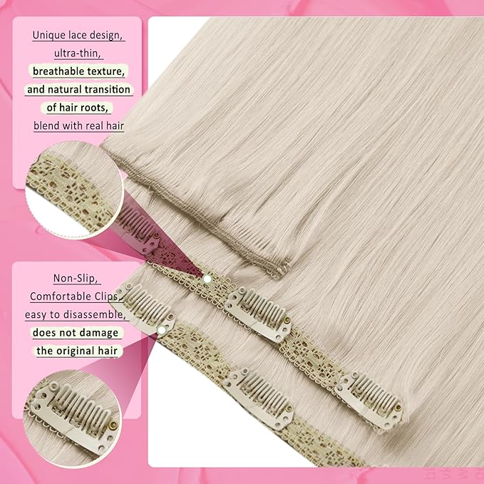 YoungSee Clip in Human Hair Extensions Blonde Human Hair Clip in Extensions Platinum Blonde Invisible Clip on Hair Extension Real Hair Silky Straight 18Inch Set 7Pcs 120G