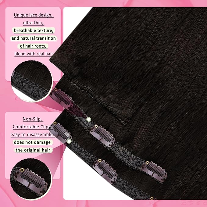 YoungSee Brown Clip in Human Hair Extensions Darkest Brown Clip on Hair Extensions Human Hair Dark Hair Extensions Clip ins for Natural Look 18Inch 120G 7Pcs