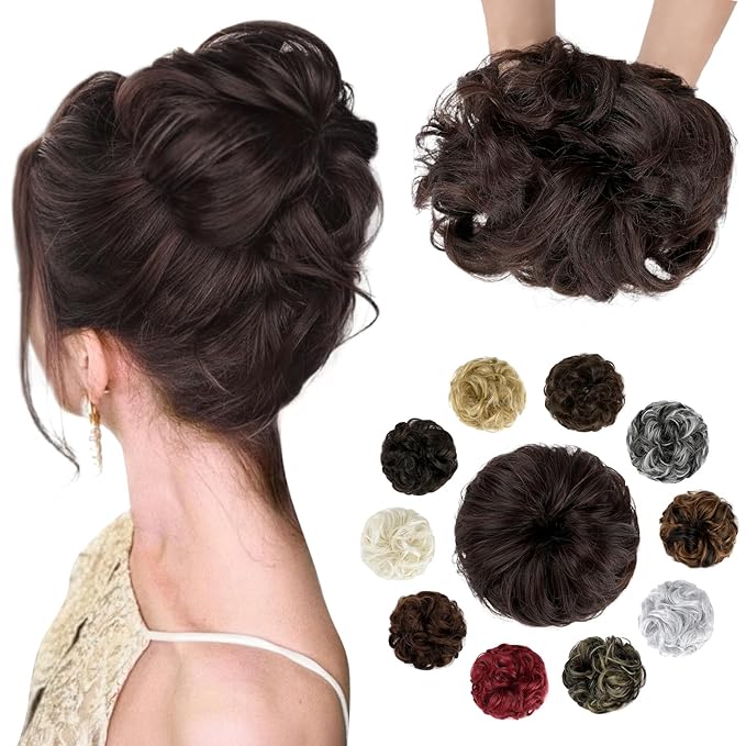 Messy Bun Hair Piece Wavy Curly Scrunchies Fluffy Donut Thick Updo Elegant Chignon Hairpieces for Women Girls, Black & Dark Auburn 1.4oz
