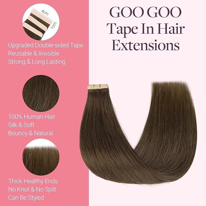 GOO GOO Tape in Hair Extensions Human Hair, #4H Light Chocolate Brown, 16inch 50g 20pcs, Skin Weft Seamless Invisible, Silky Straight with Thick Ends, Remy Human Hair