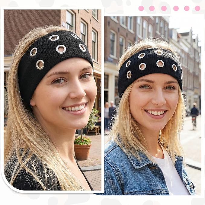 Grommet Headband for Women, Hollow Eyelet Elastic Headband Punk Grunge Y2K Headbands Gothic Rock Y2K Hair Accessories Stretchy Hair band for Women (Black, Adjustable)