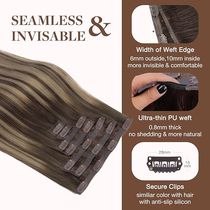 GOO GOO Clip in Hair Extensions Real Human Hair, Remy Human Hair Extensions Clip ins for Women, Natural Human Hair, 24inch 160g 7Pcs, 4/26/4 Balayage Chocolate Brown to Honey Blonde