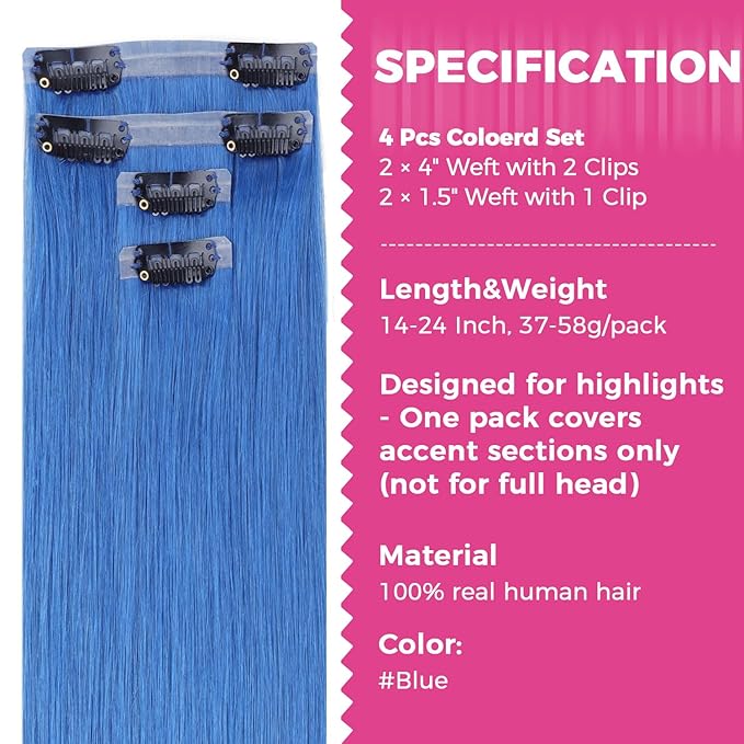 Lashey Seamless Clip in Hair Extensions Human Hair 37g 4pcs Blue Hair Extensions Real Human Hair 14 Inch Straight Hair Extension Clips with PU Soft Invisi Edge