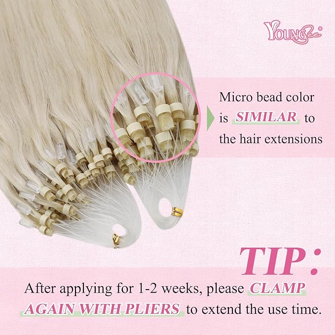 YoungSee Micro Hair Extensions Human Hair Blonde Micro Loop Hair Extensions Real Human Hair Platinum Blonde 18 Inch Beaded Hair Extension Blond 50s Invisible Microlink Extension for Wedding