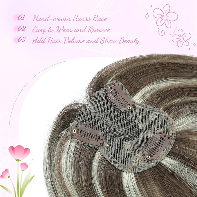 YAMI Hair Toppers for Women Fluffy Human Hair Topper 10inch Handmade Swiss Base Hairpieces 360° Cover Hairloss (Ombre Brown with Blonde Highlight)