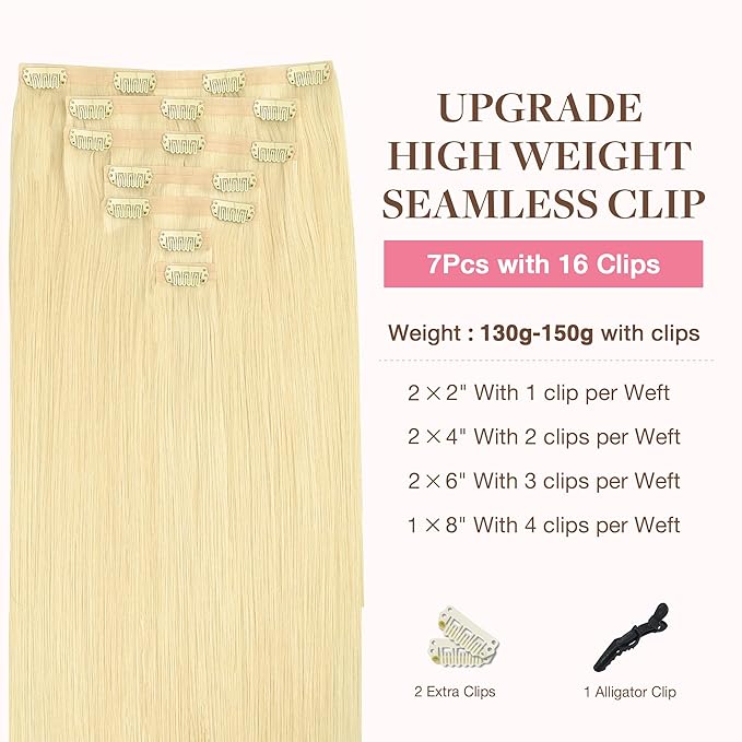 GOO GOO Clip in Hair Extensions Real Human Hair, Remy Human Hair Extensions Clip ins for Women, Natural Human Hair, 24inch 160g 7Pcs, 22F Light Golden Blonde