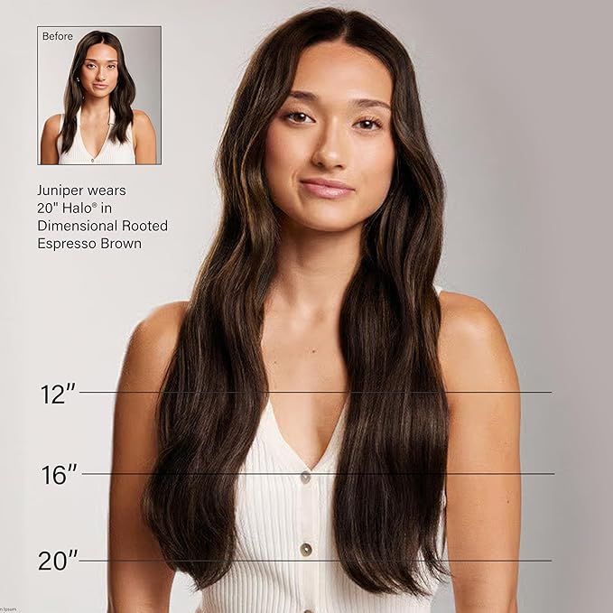 Luxy 100% Remy Human Hair – Halo Clip-In Hair Extensions –Natural Looking Volume & Length - One-Piece - Easy 5-Min Application 140 grams 16" Dimensional Rooted Espresso Brown