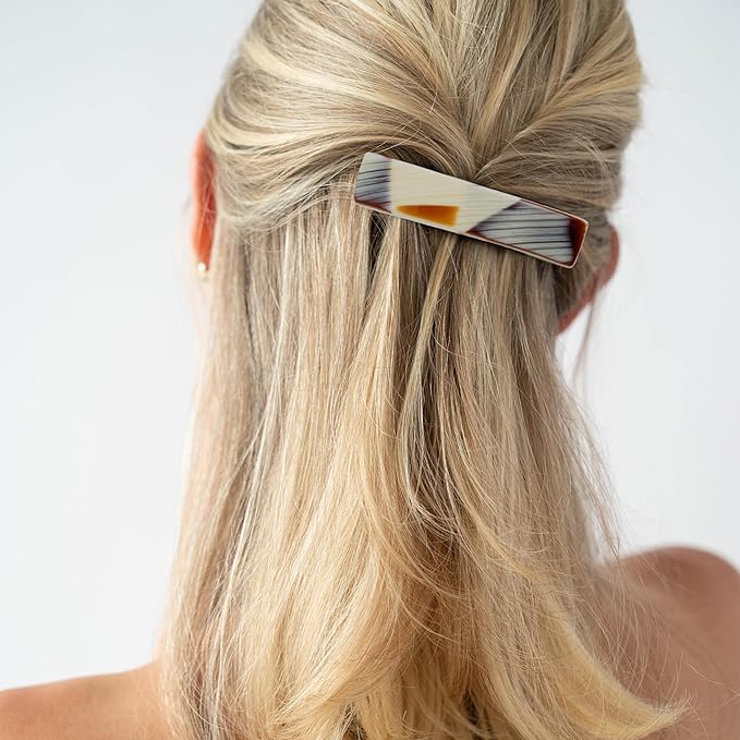 Brown & White Hair Barrette for Thin Hair, Classic Rectangle French Barrette for Women, Lightweight and Comfortable, Strong Hold, Natural Horn | France Luxe