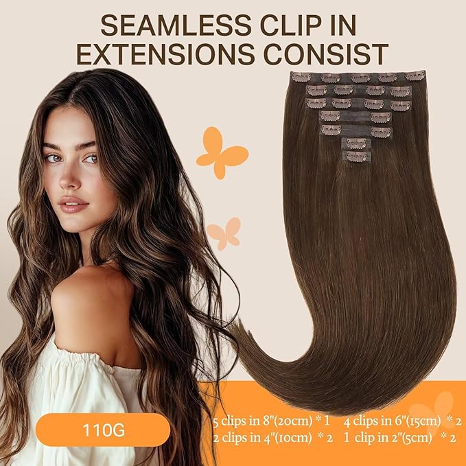 DOORES Seamless Clip-in Hair Extensions, Chocolate Brown 20 Inch 110g 7pcs, Clip-in Human Hair Extensions Straight Natural Thin Weft Invisi Edge