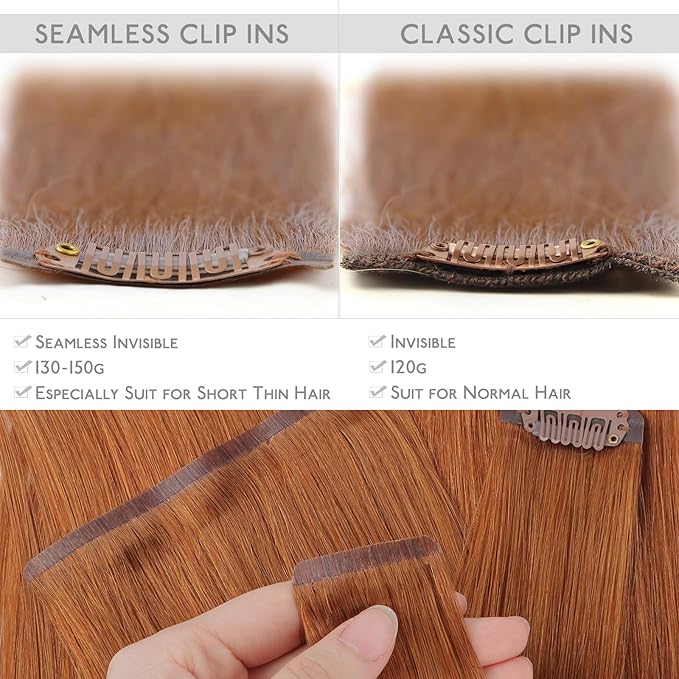 WENNALIFE Seamless Clip In Hair Extensions Human Hair, 22 Inch 150g 7pcs Dirty Ginger Real Hair Extensions Clip in Human Hair Invisible PU Skin Weft Natural Remy Human Hair Extensions