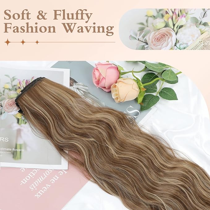 Clip in Hair Extensions, 20 Inch Caramel Brown Mixed Honey Blonde Hair Extensions for Women 4PCS Long Wavy