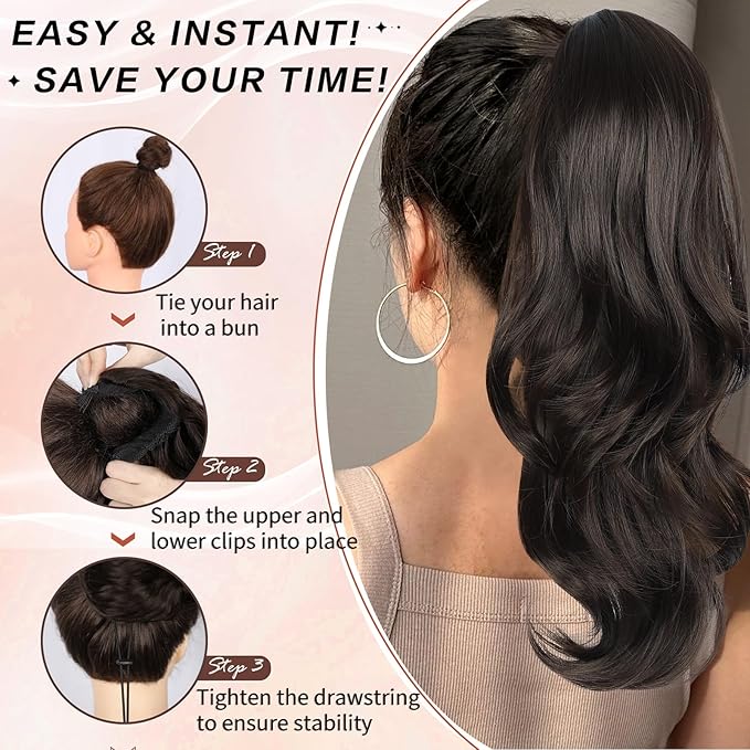Ponytail Extension, Drawstring Ponytail Extension for Women Long Black Brown Wavy Pony Tails Hair Extensions Synthetic Wavy Clip in Ponytail Hairpiece for Women