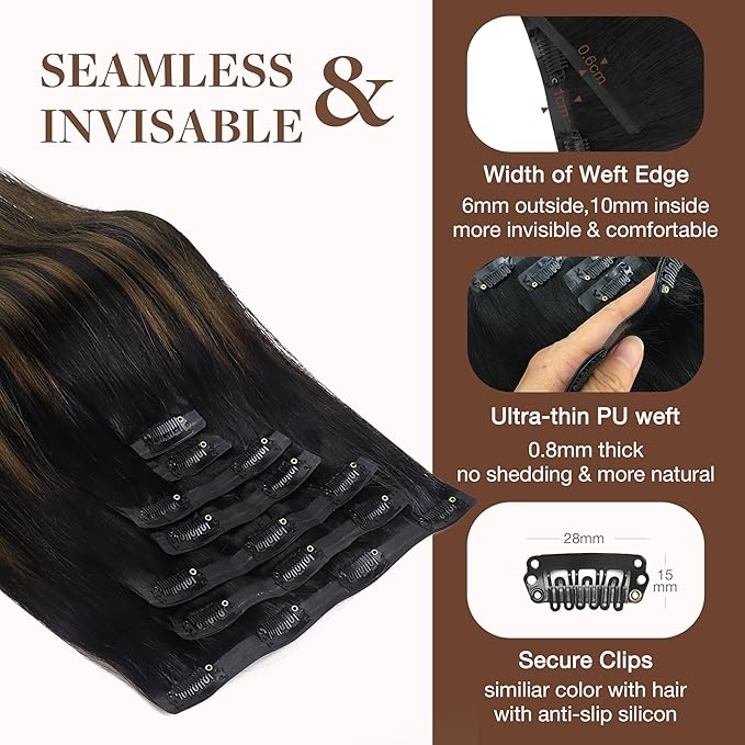 GOO GOO Clip in Hair Extensions Real Human Hair, Remy Human Hair Extensions Clip ins for Women, Natural Human Hair, 16inch 130g 7Pcs, 1B/6/1B Balayage Natural Black to Chestnut Brown