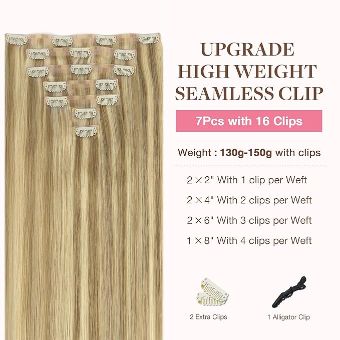 GOO GOO Clip in Hair Extensions Real Human Hair, Remy Human Hair Extensions Clip ins for Women, Natural Human Hair, 16inch 130g 7Pcs, 16/22 Light Blonde Highlighted Golden Blonde