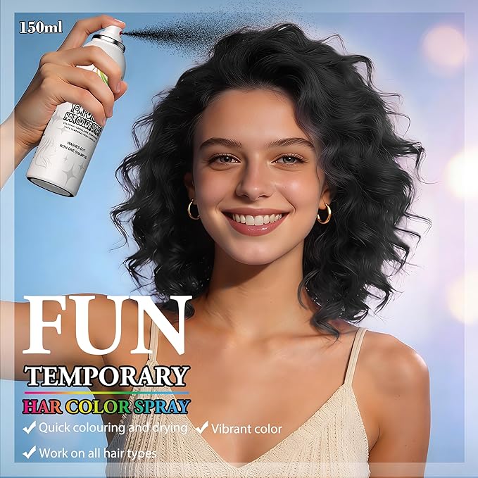 Temporary Hair Color Spray | 150ml Instant Hair Spray for Adults & Kids | Washable & Non-Sticky, Gentle Formula, Black | Halloween, Cosplay, Costume Party, Festivals