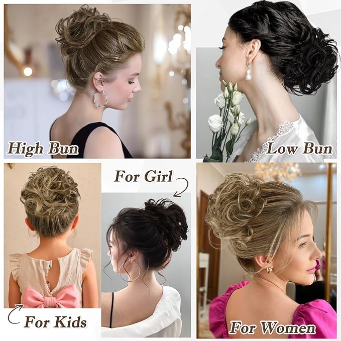 RUWISS Large Messy Bun Hair Piece 100% Human Hair Layered Wavy Curly Hair Buns Hair Piece for Women Thick Updo Hairpiece for Daily Wear Real Hair Scrunchies Medium Brown Ponytail Extension