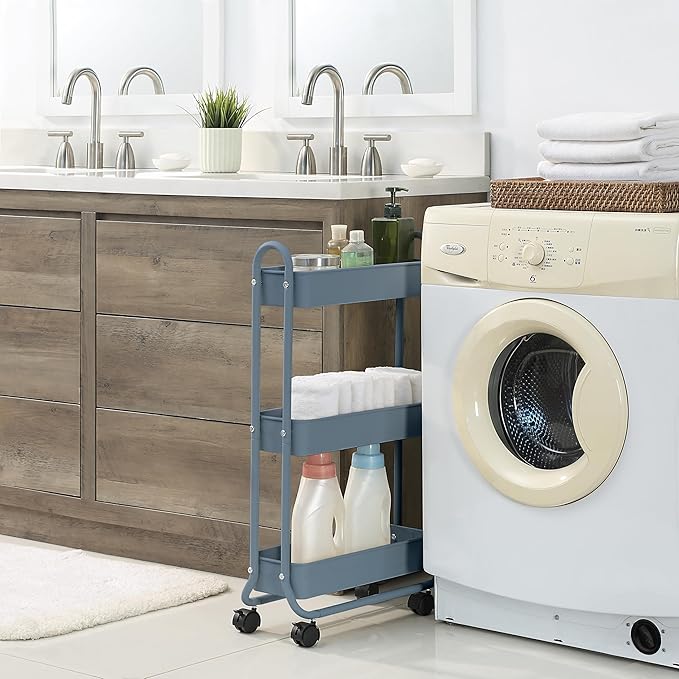 SunnyPoint Slim Rolling Storage Cart, 3 Tier Bathroom Storage Organizer Bathroom, Laundry Utility Cart (Blue)