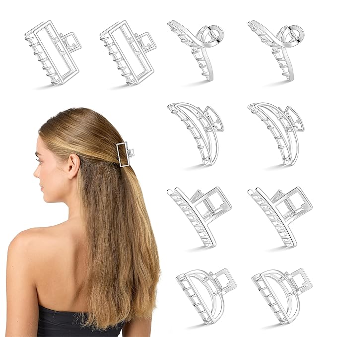 CWJCYTNSN Small Silver Hair Clips, 10Pcs Metal Simple Hair Claw Clips for Women Thick Thin Hair, Non-Slip Hair Clips for Women and Girls, Strong Hold Hair Accessories