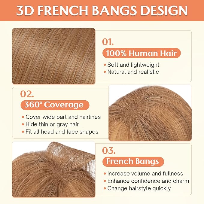 Benehair Clip in Bangs 100% Real Human Hair Extensions 360° Cover Clip on 3D Wispy Bangs for Women Topper Hairpieces for Women Light Brown