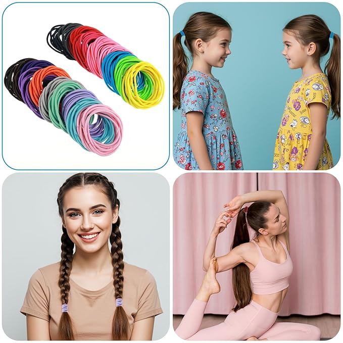 200PCS Basics Pony Tail Hair Ties, Multicolor Hair Ties, Elastic Rubber Bands for Women, Seamless Ponytail Holders for Thick Curly Hair, Thin Curly Hair Ponytail Holder (Rainbow Colors)