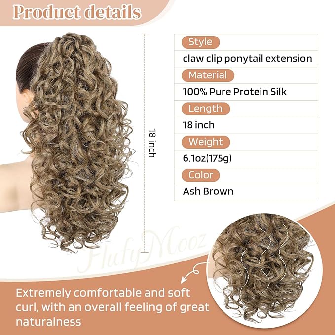 Flufymooz 100％ Pure Protein Ponytail Extension, 18 Inch Curly Claw Clip Ponytail Hair Extensions Natural Soft pony tail hairpiece for women-Ash Brown