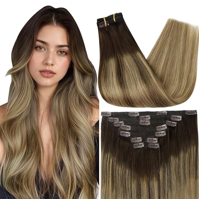Full Shine Balayage Human Hair Clip in Extensions 16 Inch Clip in Real Hair Extensions Balayage Dark Brown to Caramel Blonde 7 Pcs 120 G