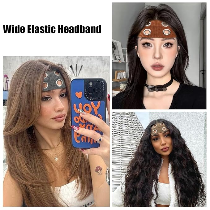 papasgix Grommet Headband for Women, Y2K Elastic Headband Wide Black Hair Band with Holes Metal Rock Style 2000s Hair Accessories (1, Wine Red)